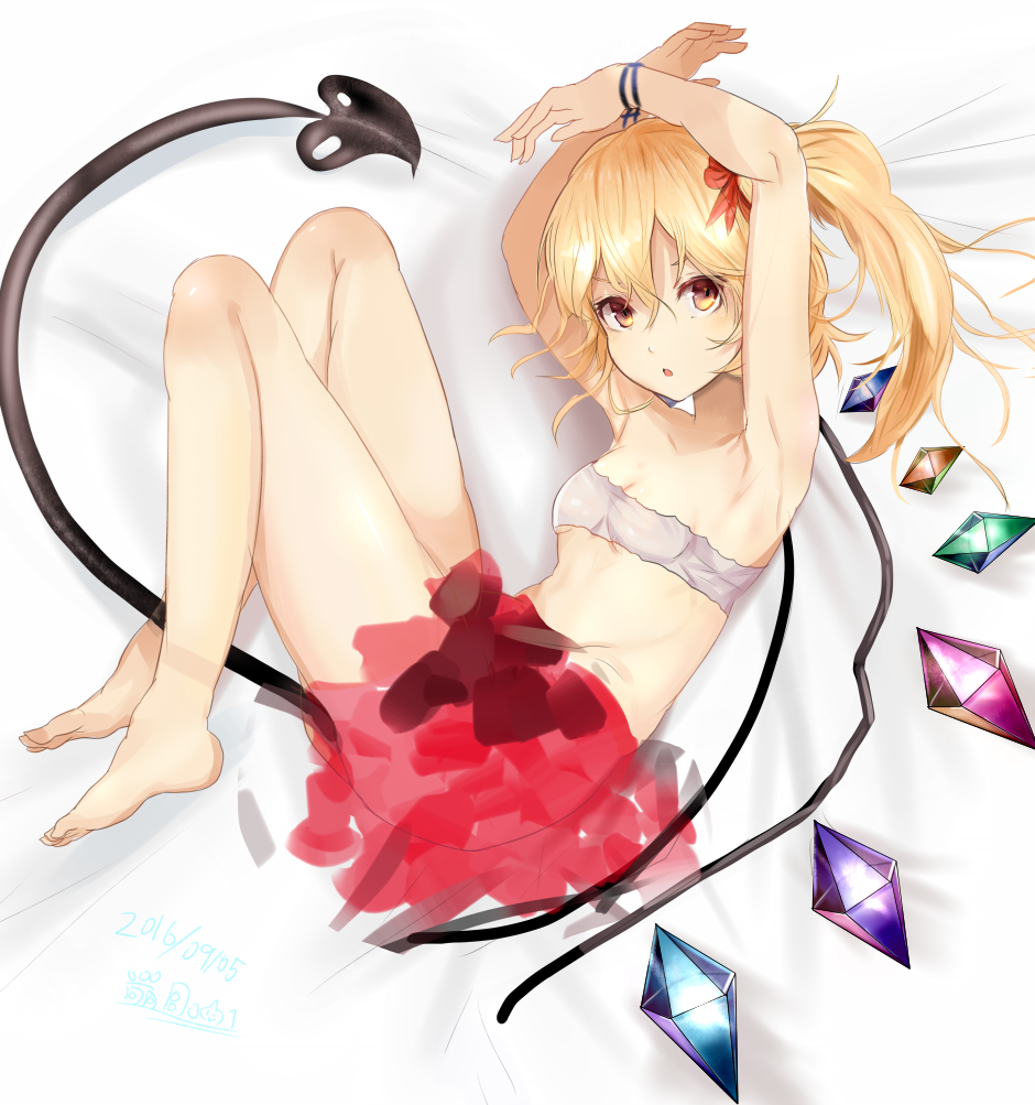 1girl alternate_eye_color armpits arms_up bandeau bare_arms bare_legs barefoot blonde_hair breasts dated flandre_scarlet full_body hair_between_eyes hair_ribbon houdukixx laevatein_(tail) looking_at_viewer lying on_side one_side_up red_ribbon ribbon sketch small_breasts solo tail touhou wings yellow_eyes