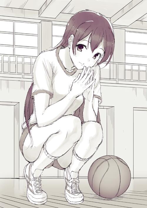 1girl bangs basketball commentary_request gym_shirt gym_shorts gym_uniform hair_between_eyes indoors kichiroku long_hair looking_at_viewer love_live! love_live!_school_idol_project monochrome shirt shorts smile solo sonoda_umi squatting steepled_fingers