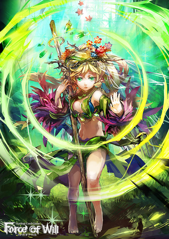 1girl barefoot blonde_hair breasts center_opening cleavage copyright_name fiethsing_(force_of_will) flower force_of_will gem grass green_eyes hair_flower hair_ornament komamitsu midriff navel official_art pointy_ears solo sparkle staff