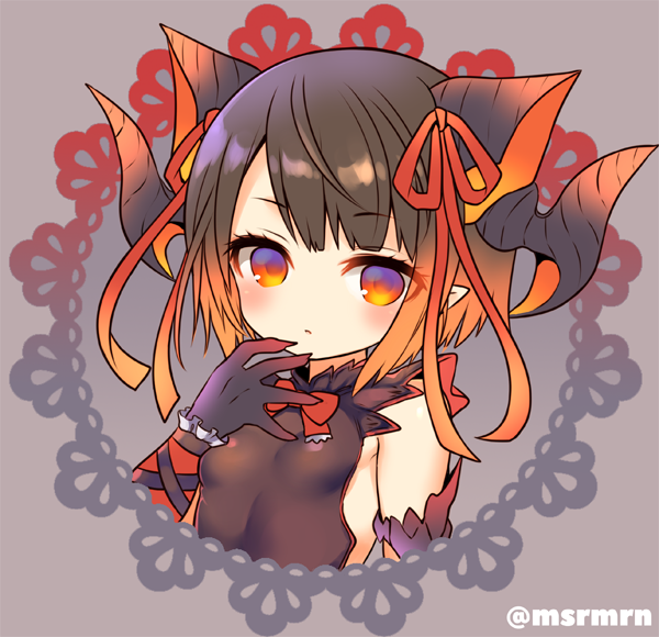 1girl bangs black_gloves blush bow bowtie breasts brown_hair brown_shirt dragon_girl dragon_horns elbow_gloves eyebrows_visible_through_hair gloves gradient_hair grey_background hair_ribbon horns looking_at_viewer marshmallow_mille multicolored_hair myr_(p&amp;d) orange_hair orange_ribbon parted_lips pointy_ears puzzle_&amp;_dragons red_eyes red_neckwear ribbon shirt sleeveless sleeveless_shirt small_breasts solo twitter_username
