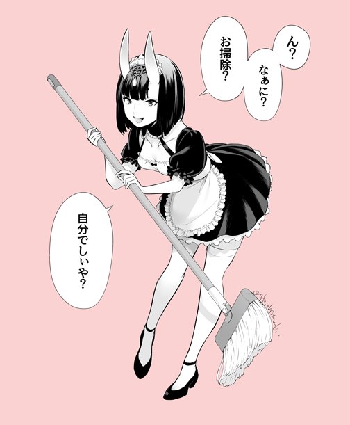 1girl :d alternate_costume apron bent_over bow breasts broom cleavage collarbone dress dress_shoes enmaided eyelashes eyeshadow facing_away fang fate/grand_order fate_(series) frilled_apron frilled_sleeves frills full_body gem holding holding_broom maid maid_apron maid_headdress makeup monochrome oni oni_horns open_mouth pigeon-toed pink_background platform_footwear puffy_short_sleeves puffy_sleeves shiromako shoes short_dress short_hair short_sleeves shuten_douji_(fate/grand_order) simple_background small_breasts smile solo speech_bubble standing text thigh-highs translated twitter_username zettai_ryouiki