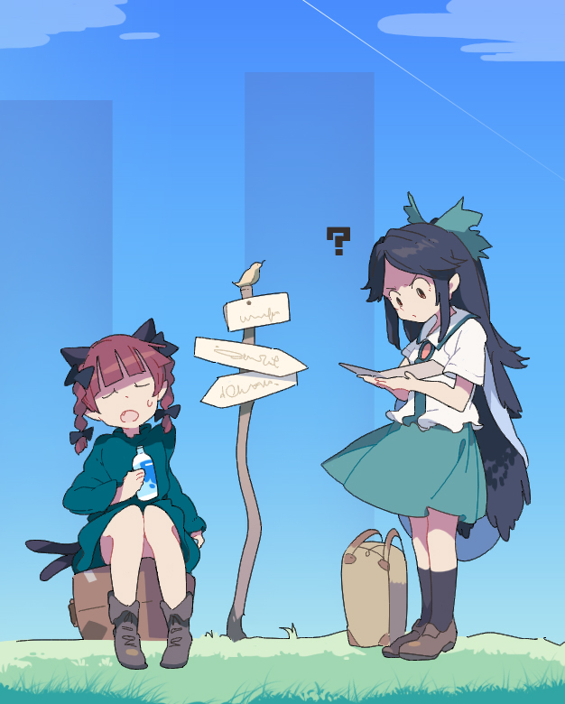 2girls ? animal animal_ears bird black_bow black_hair blue_sky boots bottle bow brown_footwear cat_ears cat_tail closed_eyes day dress extra_ears grass green_dress green_skirt hair_bow kaenbyou_rin koukou_(climacool) miniskirt multiple_girls open_mouth outdoors reading red_eyes reiuji_utsuho shirt sign sitting skirt sky standing suitcase sweatdrop tail touhou water_bottle white_shirt