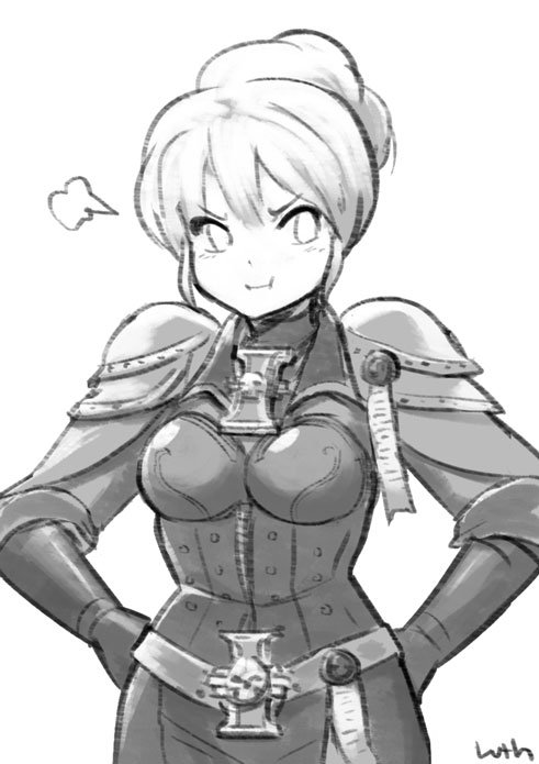 1girl blush breasts hair_bun inquisition inquisitor lutherniel monochrome pout power_armor warhammer_40k