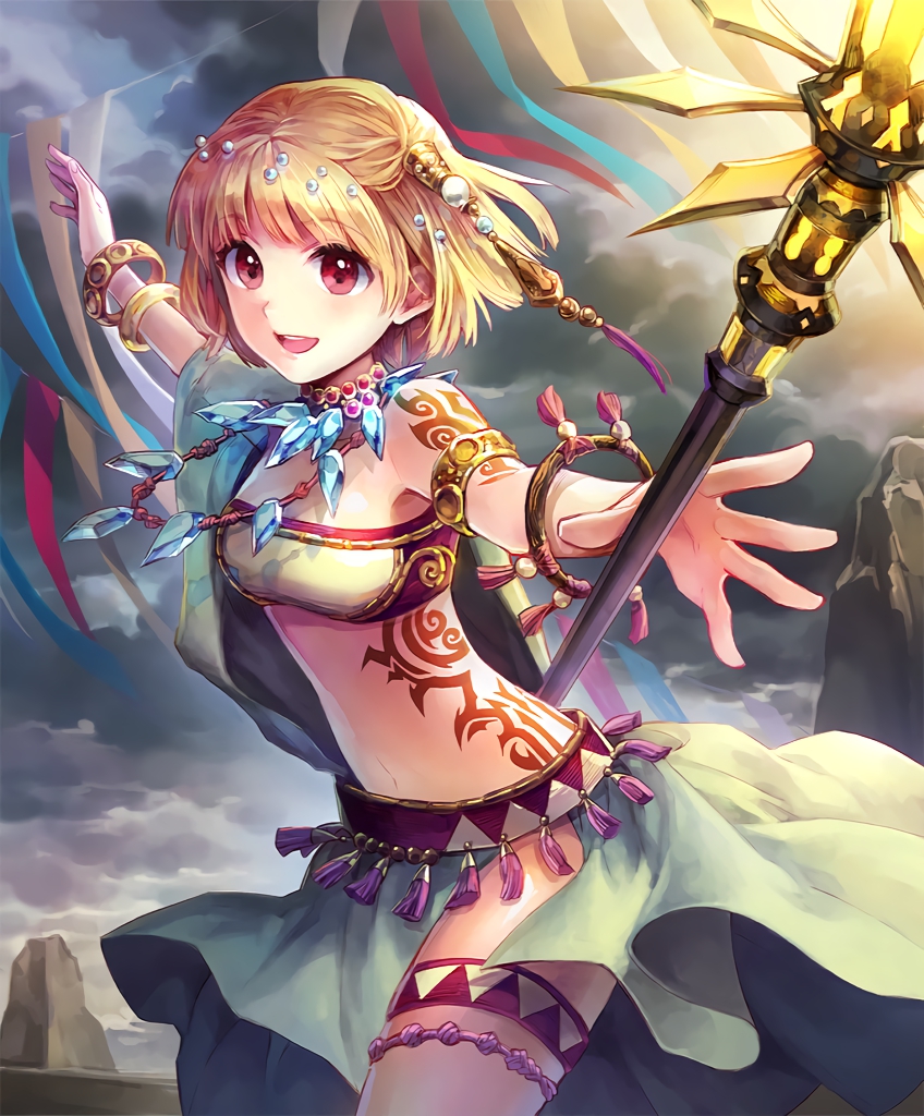 1girl artist_request banner blonde_hair bracelet crystal cygames eyebrows_visible_through_hair hair_ornament jewelry looking_at_viewer necklace official_art radiant_shaman red_eyes revealing_clothes shadowverse shingeki_no_bahamut short_hair smile solo staff strapless tattoo thigh_strap tubetop