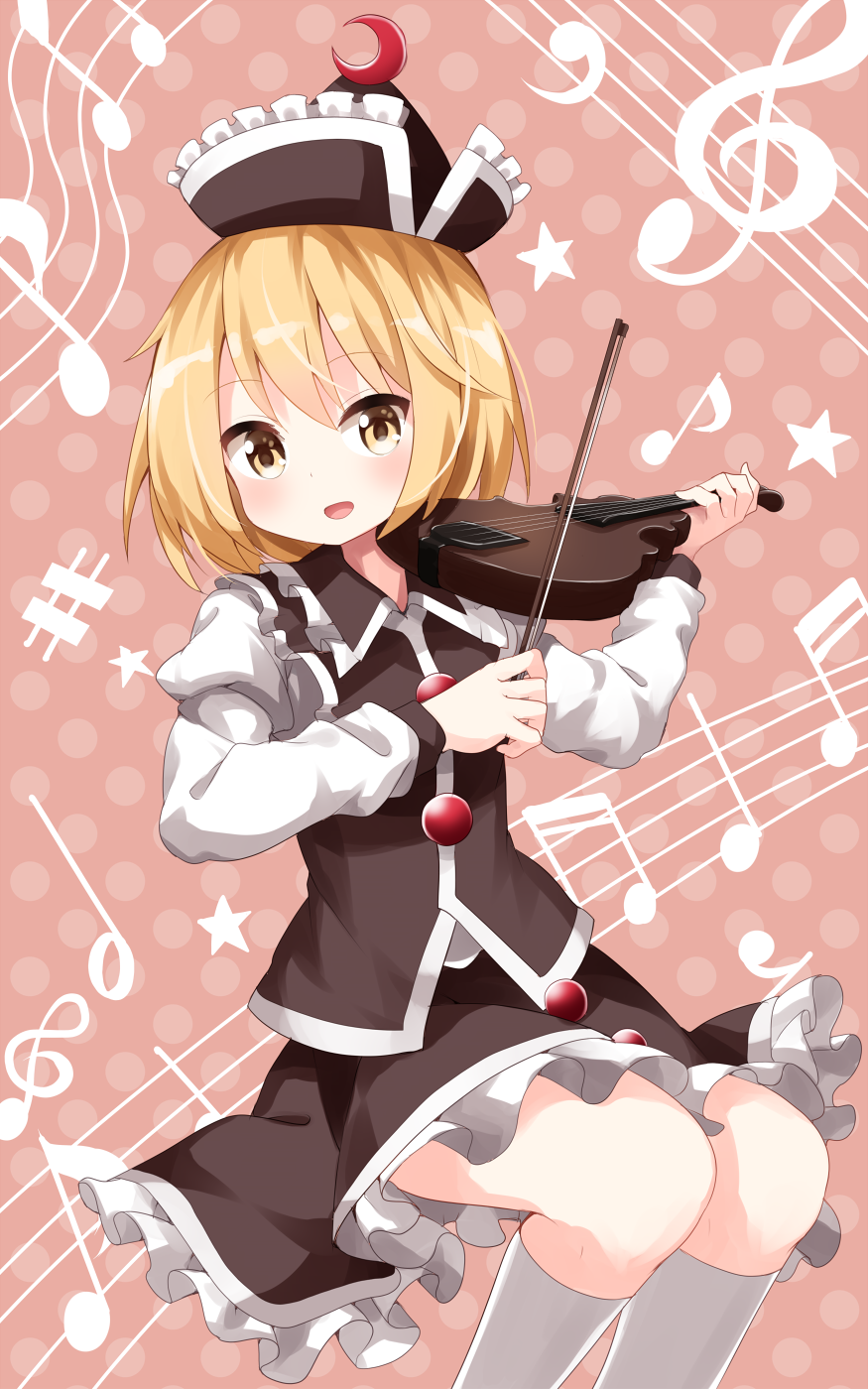 1girl :d bass_clef black_shirt black_skirt blonde_hair bow_(instrument) crescent frilled_skirt frills hat highres instrument juliet_sleeves kneehighs long_hair long_sleeves lunasa_prismriver music musical_note open_mouth playing_instrument polka_dot polka_dot_background puffy_sleeves ruu_(tksymkw) shirt short_hair skirt skirt_set smile solo staff_(music) star touhou violin white_legwear yellow_eyes