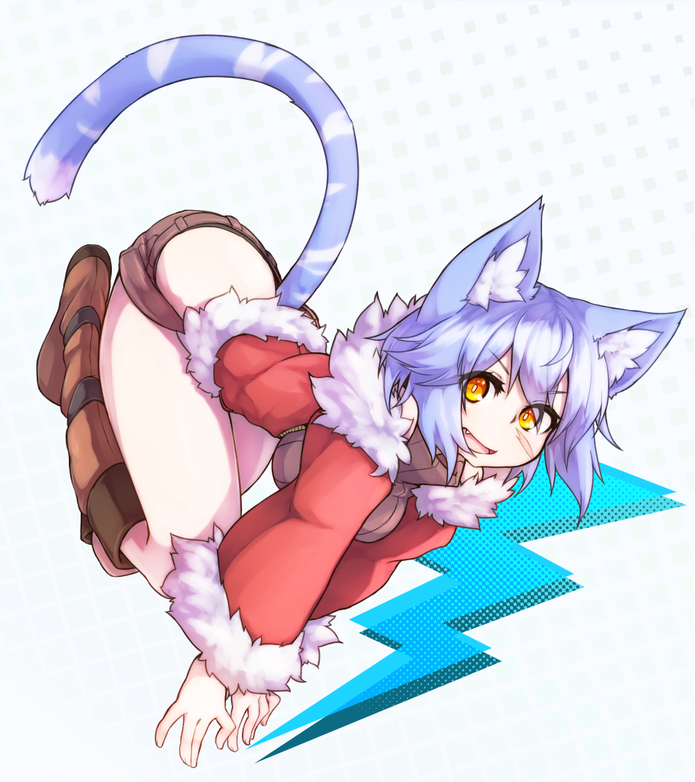 1girl animal_ears blue_hair blush breasts cat_ears cat_tail fang fur_trim jacket looking_at_viewer medium_breasts open_mouth orange_eyes original pantyhose ryota_tentei scar short_hair short_shorts shorts solo tail tora_tentei