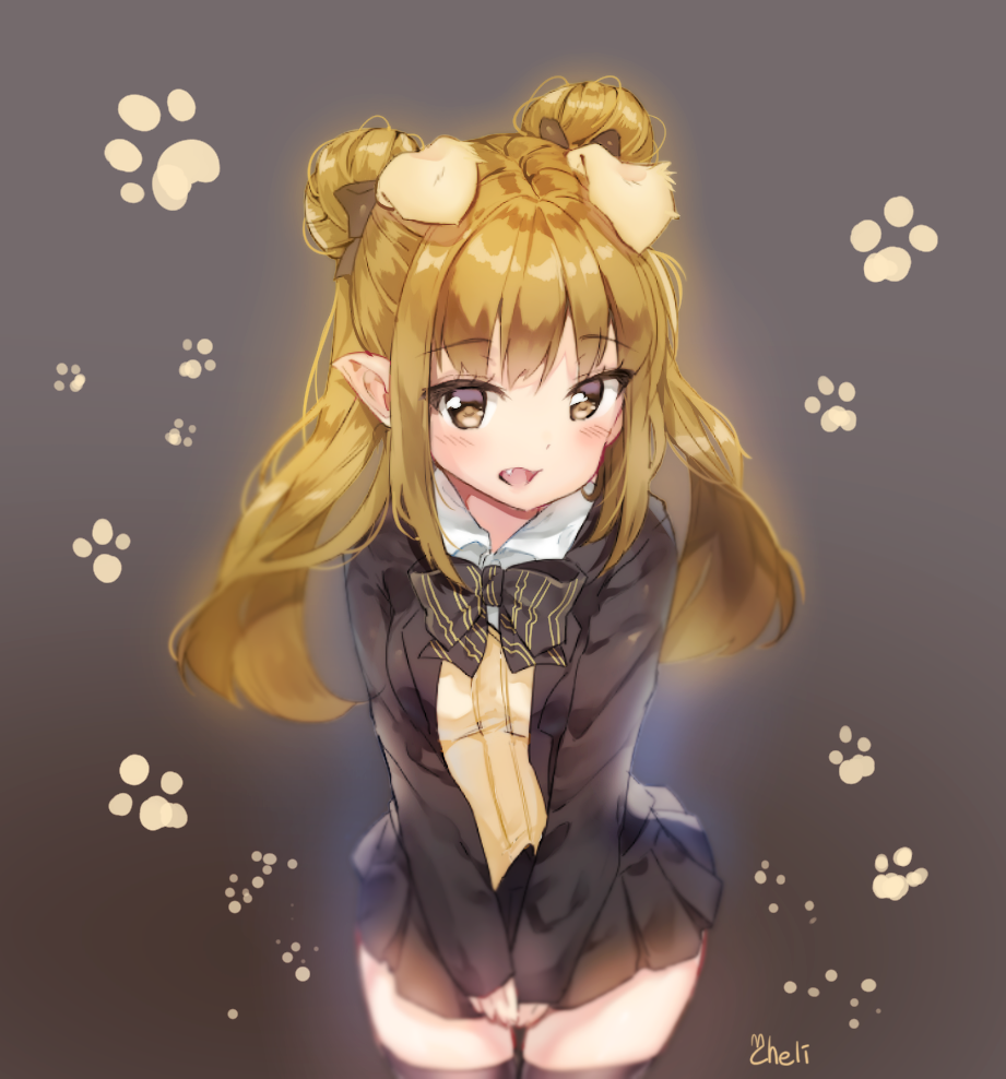 1girl animal_ears bangs black_blazer black_skirt blazer blush bow bowtie brown_background brown_bow brown_eyes brown_neckwear character_request cheli_(kso1564) collared_shirt commentary_request dog_ears double_bun eyebrows_visible_through_hair fang hair_bow jacket light_smile long_hair long_sleeves looking_at_viewer mabinogi open_blazer open_clothes open_jacket open_mouth paw_background pleated_skirt pointy_ears shirt skirt sleeves_past_wrists solo sweater_vest twintails v_arms white_shirt