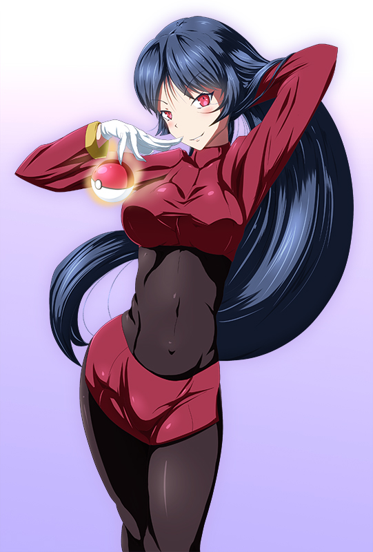 1girl adjusting_hair black_hair blush breasts commentary_request danpu gloves head_tilt large_breasts long_hair looking_at_viewer natsume_(pokemon) poke_ball pokemon pokemon_(game) pokemon_rgby red_eyes smile solo telekinesis white_gloves