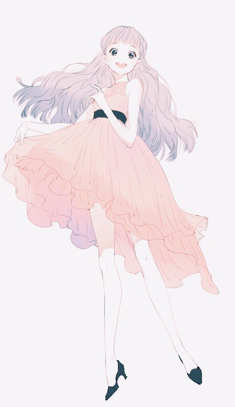1girl :d ajimita bangs bare_arms bare_shoulders black_footwear blue_eyes commentary_request dress full_body grey_background high_heels legs long_hair looking_at_viewer open_mouth original pink_dress sash silver_hair simple_background skirt_hold smile solo