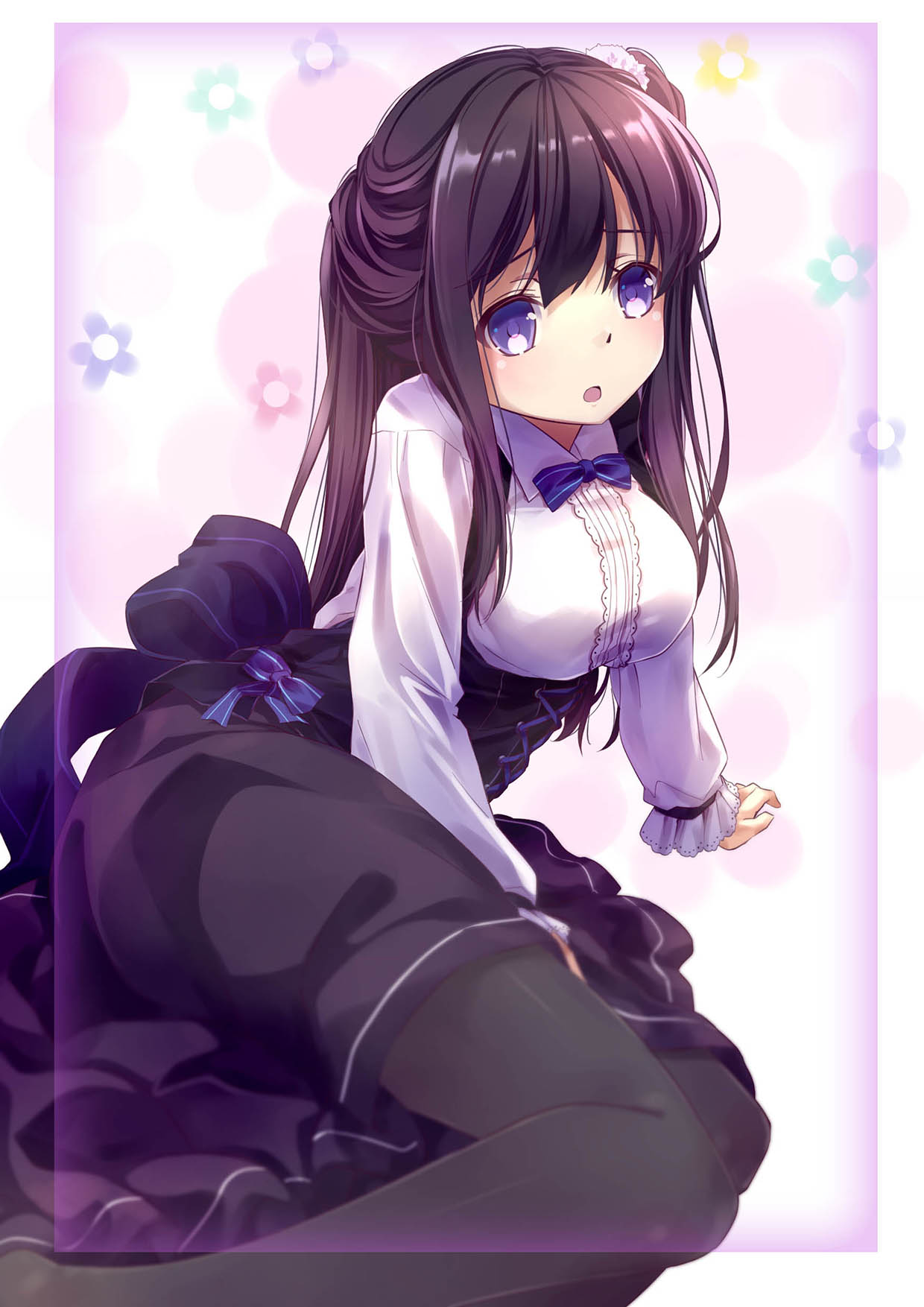 1girl 54hao :o arm_support bangs black_legwear black_skirt blue_neckwear blush bow bowtie collared_shirt commentary_request corset eyebrows_visible_through_hair hair_between_eyes hair_ornament hair_scrunchie highres long_sleeves looking_at_viewer meme_attire one_side_up original pantyhose parted_lips scrunchie shirt skirt solo violet_eyes virgin_killer_outfit white_scrunchie white_shirt