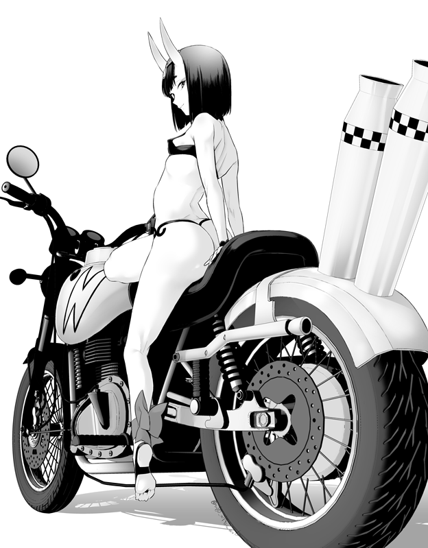 1girl ankle_ribbon arm_support ass breasts fate/grand_order fate_(series) ground_vehicle horns looking_at_viewer looking_back monochrome motor_vehicle motorcycle oni oni_horns revealing_clothes ribbon shiromako short_hair shuten_douji_(fate/grand_order) simple_background small_breasts smile solo white_background