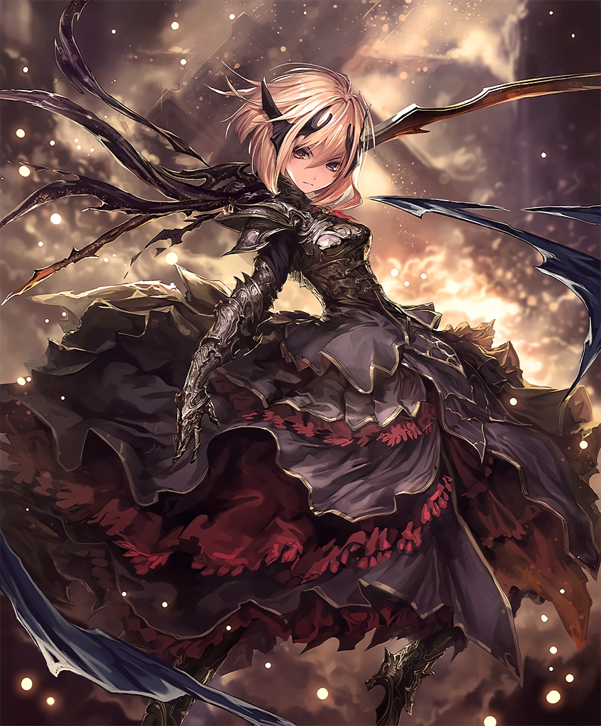 1girl armor armored_boots armored_dress artist_request blonde_hair boots brown_eyes cygames frills hair_ornament high_heels looking_at_viewer melissa_(shingeki_no_bahamut) official_art serious shadowverse shingeki_no_bahamut short_hair solo sword weapon