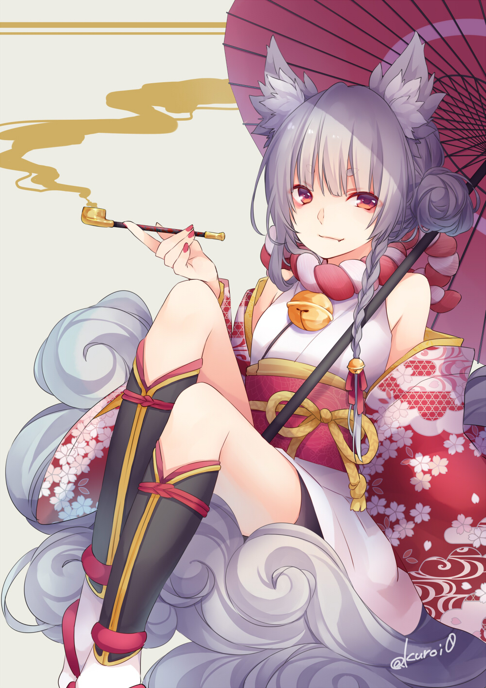 1girl animal_ears asymmetrical_hair bangs bell boots braid detached_sleeves eyebrows_visible_through_hair fang fingernails floral_print grey_background grey_hair hair_bell hair_bun hair_ornament hair_ribbon highres holding holding_pipe japanese_clothes jingle_bell kimono kiseru kneehighs knees_up kuroi_(liar-player) long_hair looking_at_viewer nail_polish nengajou new_year obi oriental_umbrella original pipe red_eyes red_nails ribbon rope sash shimenawa simple_background sitting smile smoke solo tail thick_eyebrows twitter_username umbrella wide_sleeves