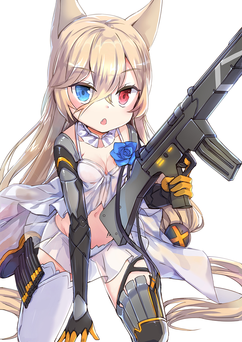 1girl animal_ears assault_rifle babydoll bangs black_footwear black_gloves blue_eyes blush boots breasts chestnut_mouth cleavage collarbone detached_collar elbow_gloves eyebrows_visible_through_hair fang g41_(girls_frontline) girls_frontline gloves groin gun h&amp;k_g41 hair_between_eyes hair_ornament heterochromia holding holding_gun holding_weapon jin_young-in kneeling light_brown_hair long_hair looking_at_viewer medium_breasts navel object_namesake pleated_skirt red_eyes rifle see-through simple_background skirt solo thigh-highs very_long_hair weapon white_background white_legwear white_skirt