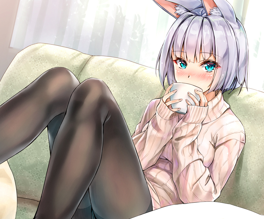 1girl animal_ears aqua_eyes azur_lane blush commentary_request couch cup eyebrows_visible_through_hair holding holding_cup indoors kaga_(azur_lane) kotatsu_(kotatsu358) looking_at_viewer makeup pantyhose ribbed_sweater short_hair sitting sleeves_past_wrists solo sweater teacup window