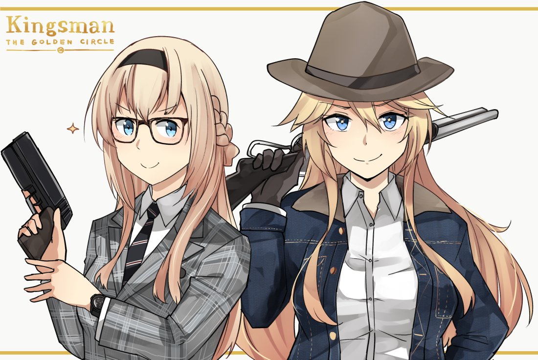 &gt;:) 2girls alternate_costume bespectacled black-framed_eyewear black_neckwear blonde_hair blue_eyes brown_hat buttons glasses gun hair_between_eyes hat holding holding_gun holding_weapon ido_(teketeke) iowa_(kantai_collection) kantai_collection long_hair long_sleeves multiple_girls necktie parody smile sparkle v-shaped_eyebrows warspite_(kantai_collection) weapon