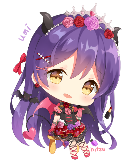 1girl bangs blush character_name chibi demon_girl demon_horns demon_tail demon_wings dress gloves hair_between_eyes hair_ornament hairclip hitsukuya horns long_hair looking_at_viewer love_live! love_live!_school_idol_festival love_live!_school_idol_project open_mouth simple_background solo sonoda_umi striped tail tiara white_background wings