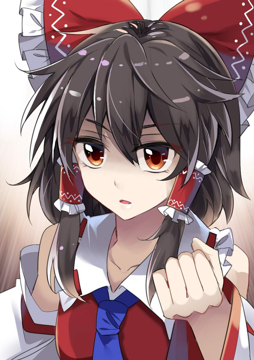 1girl ascot bare_shoulders black_hair blue_neckwear bow brown_eyes chocolate_hair clenched_hand collarbone commentary_request detached_sleeves e.o. frills hair_bow hair_tubes hakurei_reimu looking_at_viewer parted_lips red_bow sidelocks touhou