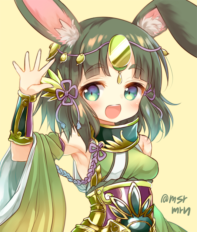 1girl :d animal_ears arm_up armpits bangs blush breasts detached_sleeves eyebrows_visible_through_hair fingernails green_eyes green_hair green_kimono hair_ornament japanese_clothes kaguya-hime_(p&amp;d) kimono long_hair looking_at_viewer marshmallow_mille medium_breasts open_mouth puzzle_&amp;_dragons rabbit_ears simple_background smile solo twitter_username wide_sleeves yellow_background