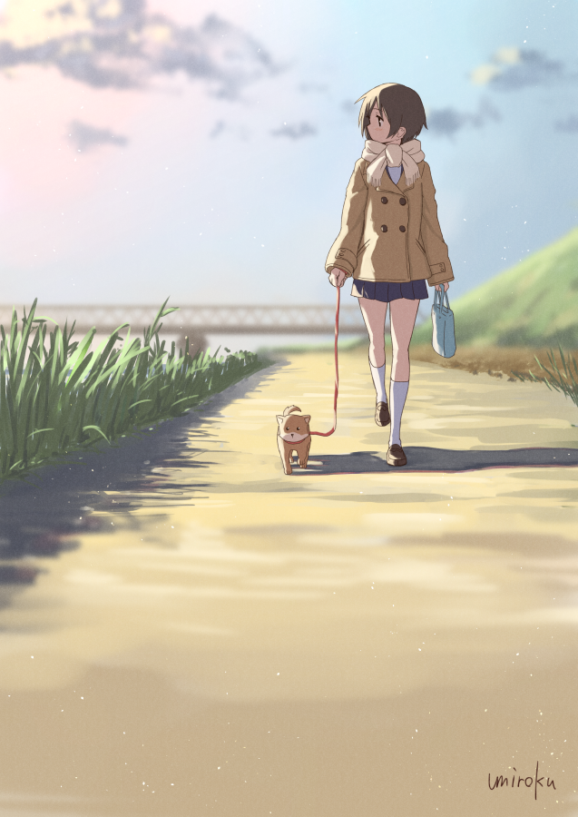 artist_name bag blue_skirt blurry blurry_background bridge brown_eyes brown_footwear brown_hair clouds coat commentary_request depth_of_field dog dog_walking grass hasegawa_fumi holding leash long_sleeves outdoors pleated_skirt profile riverbank scarf shoes signature skirt socks standing standing_on_one_leg umiroku walking white_legwear yuyushiki