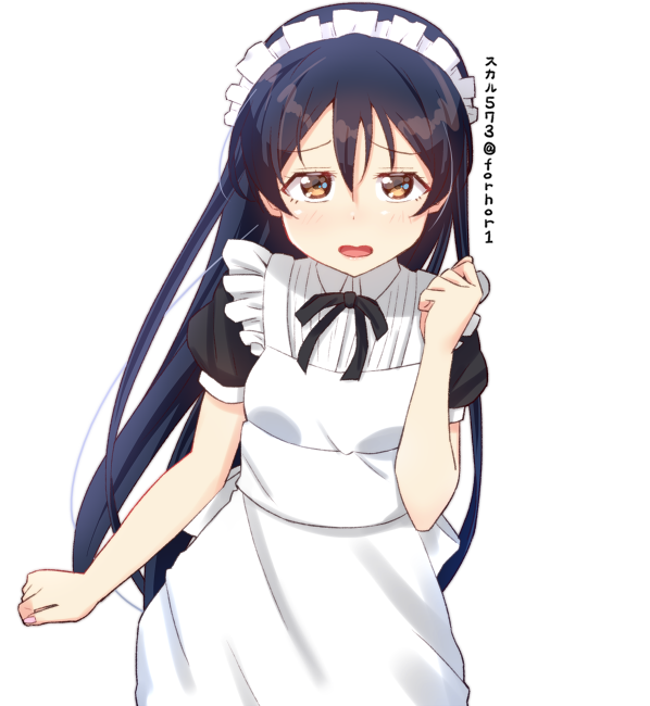 1girl apron bangs blue_hair blush frills hair_between_eyes long_hair looking_at_viewer love_live! love_live!_school_idol_project maid maid_apron maid_headdress open_mouth puffy_sleeves short_sleeves simple_background skull573 sonoda_umi white_background yellow_eyes