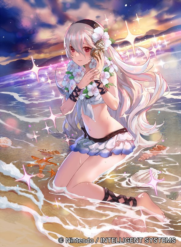 1girl barefoot beach bikini bikini_skirt blush commentary_request company_connection conch copyright_name feet female_my_unit_(fire_emblem_if) fire_emblem fire_emblem_cipher fire_emblem_if flower hair_flower hair_ornament hairband holding long_hair mayo_(becky2006) my_unit_(fire_emblem_if) navel ocean official_art outdoors parted_lips partially_submerged red_eyes seashell shell shiny sitting smile solo sparkle starfish sunset swimsuit water white_hair
