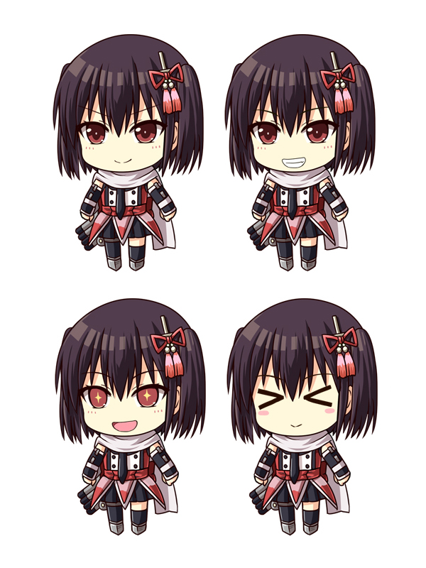 &gt;_&lt; +_+ 1girl black_gloves black_hair black_neckwear black_skirt brown_eyes chibi double_bun elbow_gloves expressions fingerless_gloves gloves grin hair_ornament haura_akitoshi kantai_collection necktie open_mouth parody remodel_(kantai_collection) scarf sendai_(kantai_collection) simple_background single_thighhigh skirt smile style_parody thigh-highs two_side_up white_background white_scarf