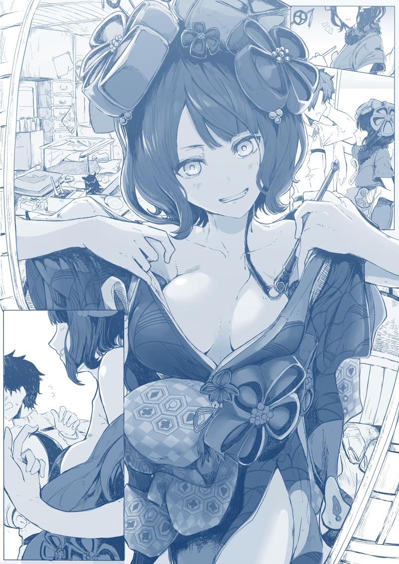 1boy 1girl bare_shoulders bodypaint breasts calligraphy_brush comic commentary_request fate/grand_order fate_(series) flower fujimaru_ritsuka_(male) grin hair_flower hair_ornament japanese_clothes katsushika_hokusai_(fate/grand_order) kimono looking_at_viewer medium_breasts messy_room monochrome no_eyes obi octopus open_clothes open_kimono paintbrush pov sash short_hair silent_comic smile syatey teasing undressing