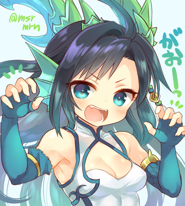 1girl :d bangs bare_shoulders black_hair blue_background blue_eyes blue_gloves blush breasts claw_pose cleavage dragon_girl dragon_horns dress elbow_gloves eyebrows_visible_through_hair fangs fingerless_gloves fingernails gloves head_fins horns karin_(p&amp;d) long_hair looking_at_viewer marshmallow_mille medium_breasts open_mouth puzzle_&amp;_dragons simple_background sleeveless sleeveless_dress smile solo twitter_username v-shaped_eyebrows very_long_hair white_dress