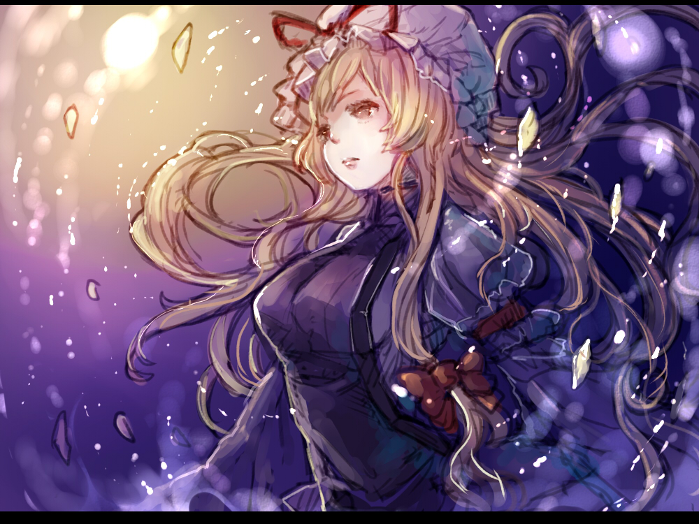 1girl blonde_hair brown_eyes chobi_(sakuyasakuhana) dress gradient gradient_background hair_ornament hair_ribbon hat hat_ribbon letterboxed lips long_hair long_sleeves looking_away mob_cap puffy_sleeves ribbon solo tabard touhou upper_body yakumo_yukari