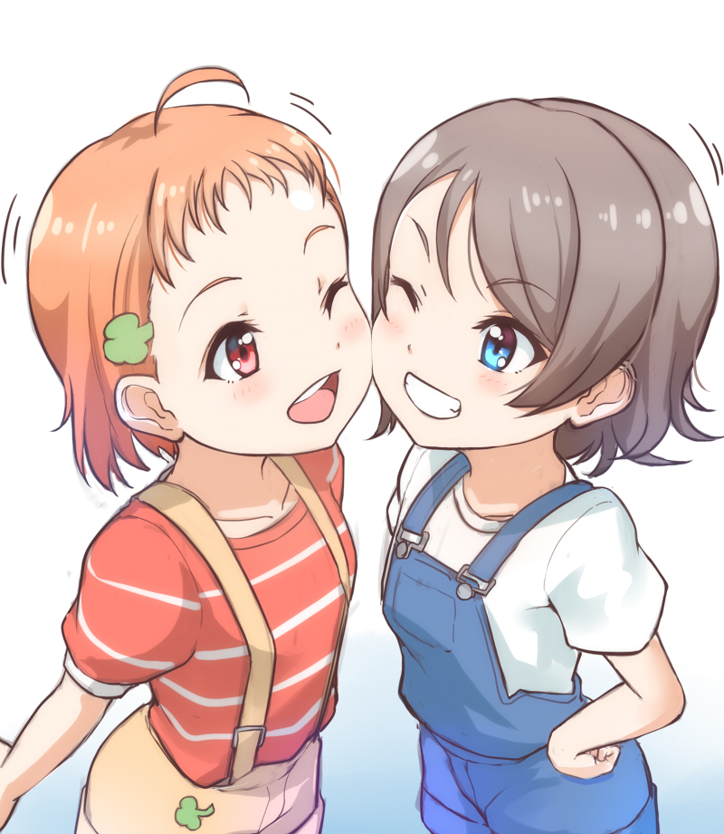 2girls ;d ahoge bangs blue_eyes cheek-to-cheek clover_hair_ornament eyebrows_visible_through_hair grey_hair grin hair_ornament hand_on_hip kanabun love_live! love_live!_sunshine!! multiple_girls one_eye_closed open_mouth orange_hair overalls red_eyes red_shirt shirt short_sleeves smile striped striped_shirt suspenders takami_chika watanabe_you younger