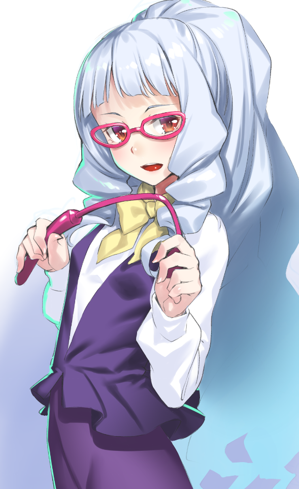 1girl :d aikatsu! bow bowtie drill_hair glasses h_kasei long_hair looking_at_viewer open_mouth pink-framed_eyewear red_eyes riding_crop shirogane_lilly silver_hair smile solo yellow_neckwear