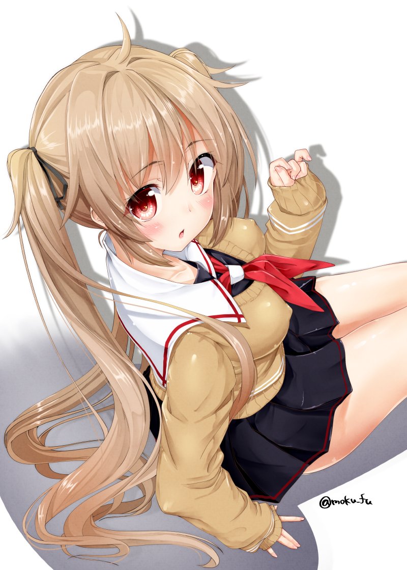 1girl ascot bare_legs black_serafuku black_skirt blush breasts brown_hair cardigan erect_nipples flail from_above kantai_collection light_brown_hair long_hair looking_at_viewer looking_back medium_breasts mokufuu murasame_(kantai_collection) open_mouth pleated_skirt red_eyes red_neckwear sailor_collar school_uniform serafuku shadow sitting skirt solo twintails twitter_username weapon yellow_cardigan
