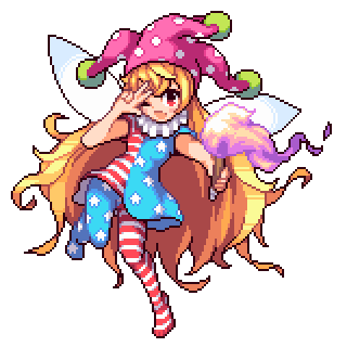 1girl bare_arms blonde_hair clownpiece dress fairy_wings fire full_body hat holding ichi_et jester_cap long_hair looking_at_viewer lowres neck_ruff one_eye_closed pantyhose pink_hat pixel_art polka_dot red_eyes short_dress simple_background solo star star_print striped striped_legwear torch touhou v very_long_hair white_background wings