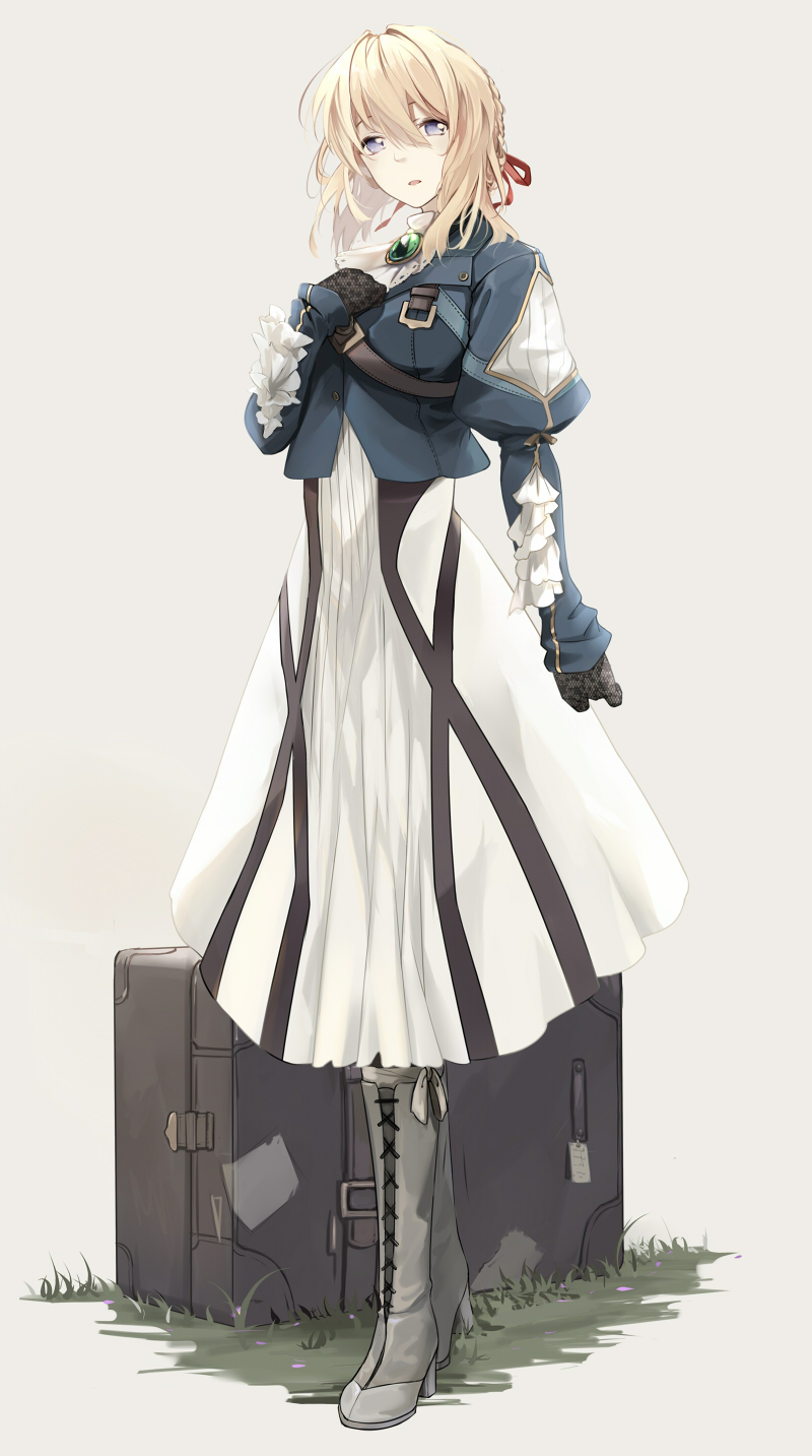 1girl ascot belt blonde_hair blue_eyes blue_jacket boots braid brooch cloudy.r cross-laced_footwear dress gloves hair_ribbon highres jacket jewelry looking_at_viewer open_mouth puffy_sleeves ribbon simple_background skirt solo suitcase violet_evergarden violet_evergarden_(character) white_skirt