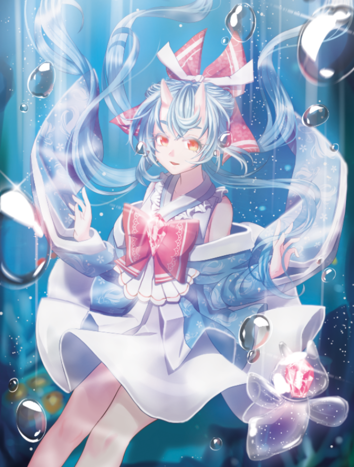 1girl blue_hair blush bow bubble collarbone eyebrows horns long_hair looking_at_viewer o_yat original parted_lips red_bow red_eyes sea_angel smile solo thick_eyebrows underwater