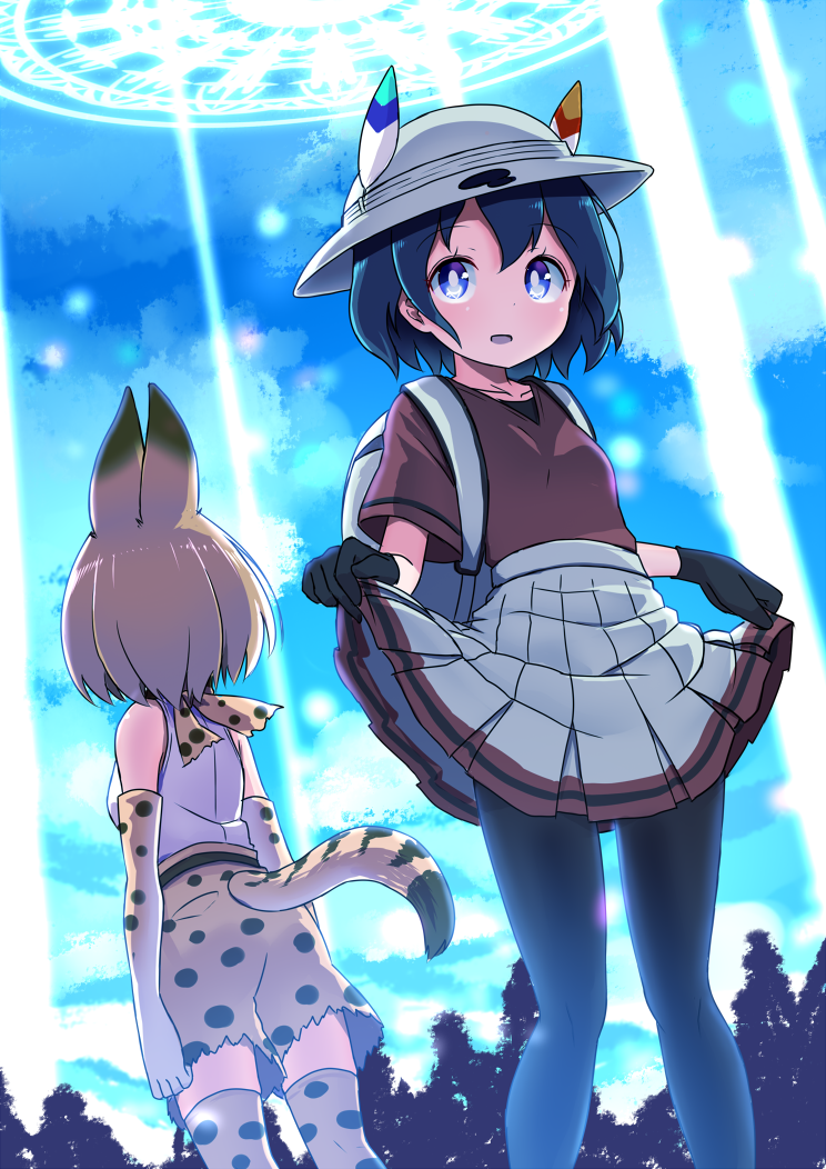 2girls adapted_costume animal_ears backpack bag black_gloves black_legwear blonde_hair blue_eyes blue_hair bucket_hat commentary_request elbow_gloves gloves hat hat_feather kaban_(kemono_friends) kemono_friends light_beam looking_at_viewer looking_away multiple_girls pantyhose parted_lips pleated_skirt print_gloves print_legwear print_shorts red_shirt serval_(kemono_friends) serval_ears serval_print serval_tail shipii_(jigglypuff) shirt short_hair short_sleeves shorts skirt skirt_hold sleeveless sleeveless_shirt tail thigh-highs white_hat white_shirt