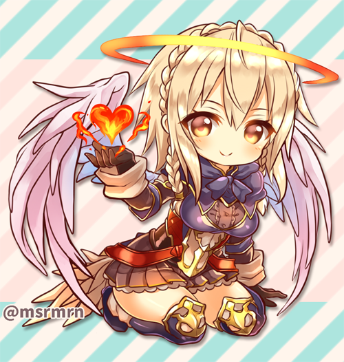 1girl angel_wings armband armor bangs black_gloves black_legwear blonde_hair blush braid breasts brown_eyes brown_skirt center_frills closed_mouth commentary_request diagonal-striped_background diagonal_stripes elbow_gloves eyebrows_visible_through_hair feathered_wings fire frills full_body gloves hair_between_eyes halo head_tilt heart long_hair looking_at_viewer marshmallow_mille medium_breasts pink_wings pleated_skirt purple_shirt puzzle_&amp;_dragons rozuel_(p&amp;d) seiza shirt sitting skirt smile solo thigh-highs twin_braids twitter_username wings