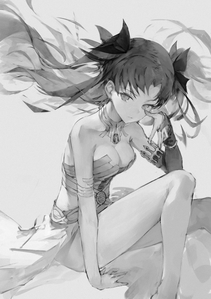 bangs breasts cleavage detached_collar detached_sleeves fate/grand_order fate_(series) hong ishtar_(fate/grand_order) monochrome parted_bangs tohsaka_rin