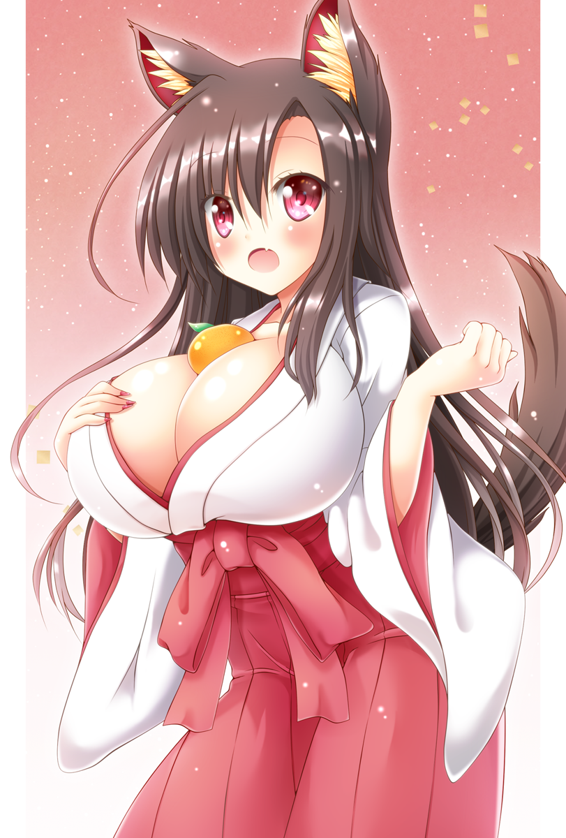 1girl :o alternate_costume animal_ears between_breasts blush breasts brown_hair commentary_request fang food fruit highres huge_breasts imaizumi_kagerou japanese_clothes long_hair mandarin_orange open_mouth osashin_(osada) red_eyes solo tail touhou wide_sleeves wolf_ears wolf_tail