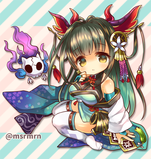 1girl :o bangs blue_fire blush breasts bridal_gauntlets brown_eyes commentary_request demon_horns diagonal-striped_background diagonal_stripes eyebrows_visible_through_hair fire full_body fur-trimmed_legwear fur_trim green_hair green_kimono hair_intakes hair_ornament head_tilt horns japanese_clothes kimono large_breasts long_hair long_sleeves looking_at_viewer marshmallow_mille oichi_(p&amp;d) parted_lips purple_fire puzzle_&amp;_dragons skull solo thigh-highs twitter_username very_long_hair white_legwear wide_sleeves