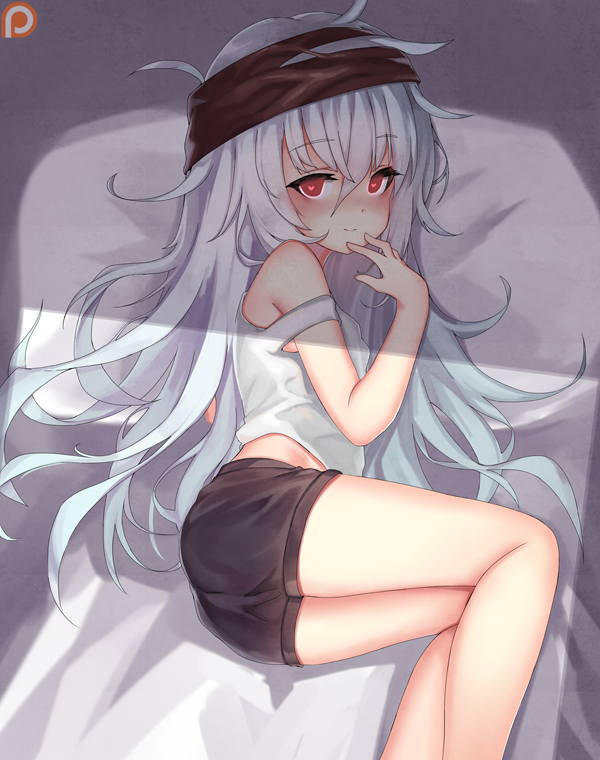 1girl armpit_peek bangs bed bed_sheet blush breasts brown_eyes brown_shorts crossed_bangs ehart eyebrows_visible_through_hair eyes_visible_through_hair g11_(girls_frontline) girls_frontline hair_between_eyes hand_on_own_chin hat heart heart-shaped_pupils legs_together long_hair looking_at_viewer lying messy_hair multiple_girls off_shoulder on_side pillow red_scarf scarf scarf_on_head shadow shorts sidelocks silver_hair singlet smile solo symbol-shaped_pupils very_long_hair white_singlet