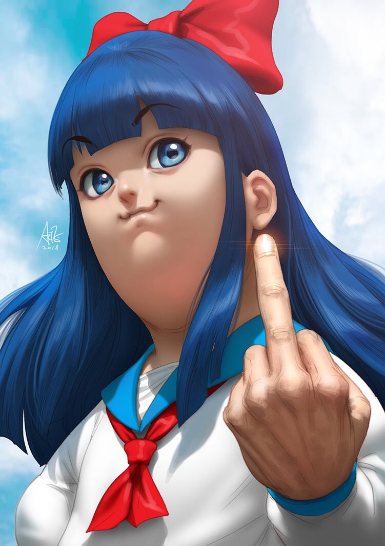 1girl :3 bangs blue_eyes blue_hair blunt_bangs bow commentary eyebrows_visible_through_hair hair_bow long_hair looking_at_viewer middle_finger outdoors pipimi poptepipic school_uniform serafuku signature sky solo stanley_lau upper_body
