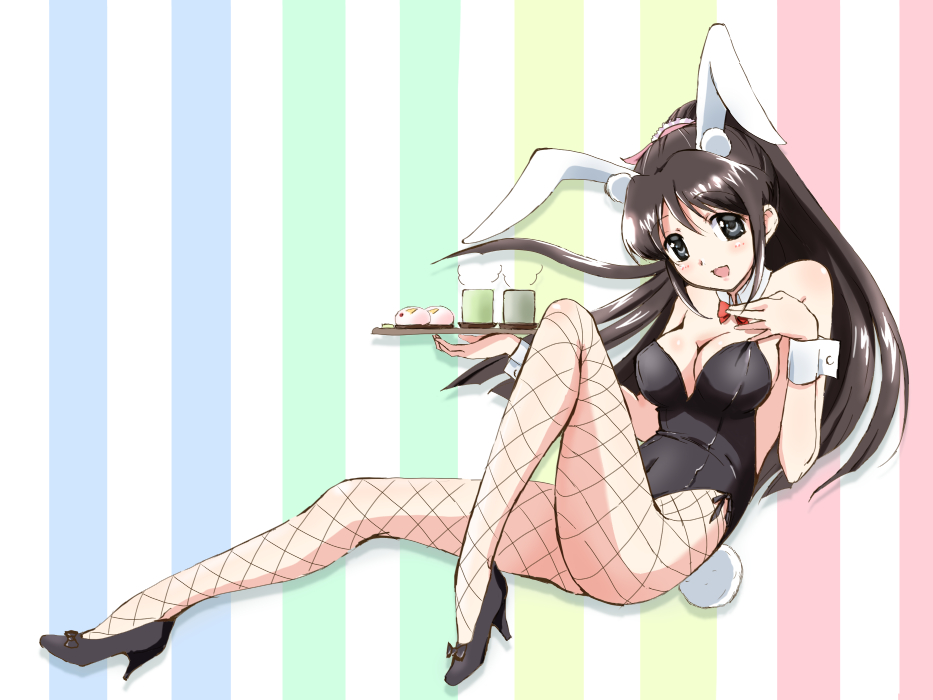 1girl animal_ears black_eyes black_footwear black_hair black_leotard bow bowtie bunny_girl bunny_tail bunnysuit cup detached_collar food full_body high_heels kinfuji leotard looking_at_viewer mochi open_mouth original pantyhose rabbit_ears red_neckwear smile solo strapless strapless_leotard striped striped_background tail tray wagashi wrist_cuffs yunomi