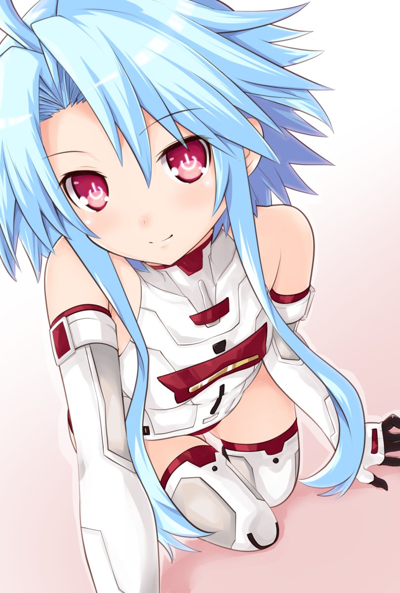 1girl bare_shoulders blue_hair close-up elbow_gloves gloves highres iwasi-r kami_jigen_game_neptune_v kneeling leaning_forward leotard neptune_(series) power_symbol red_eyes short_hair_with_long_locks smile solo symbol-shaped_pupils thigh-highs white_heart