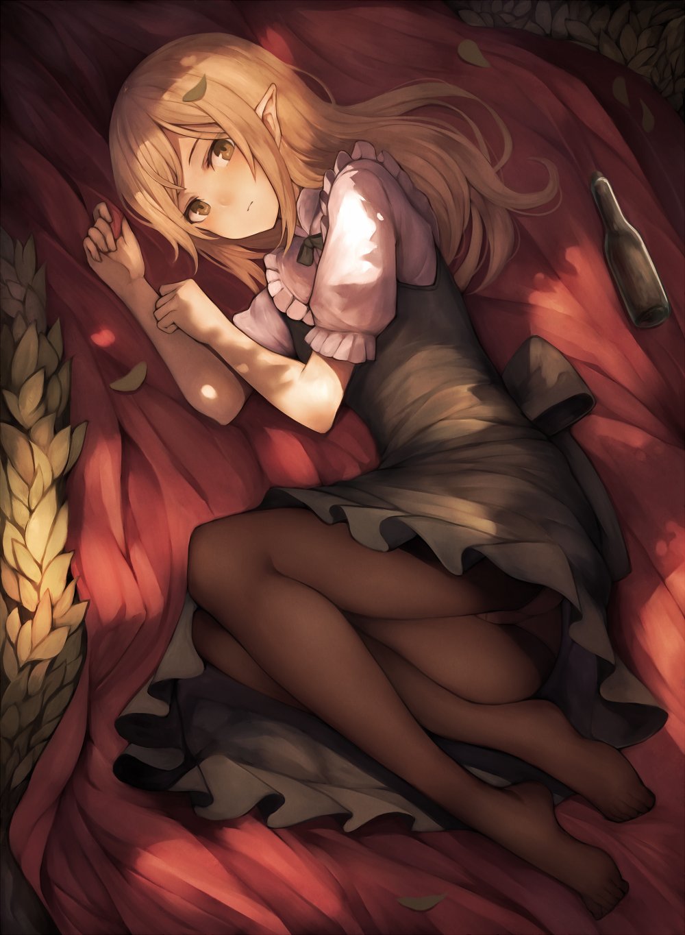 1girl ass bangs black_dress blonde_hair blush bottle brown_legwear closed_mouth commentary_request dress elf feet full_body grass green_eyes highres inaba_sunimi leaf legs legs_together long_hair looking_at_viewer lying no_shoes on_side original panties pantyhose pointy_ears puffy_short_sleeves puffy_sleeves short_sleeves solo tree tree_shade under_tree underwear