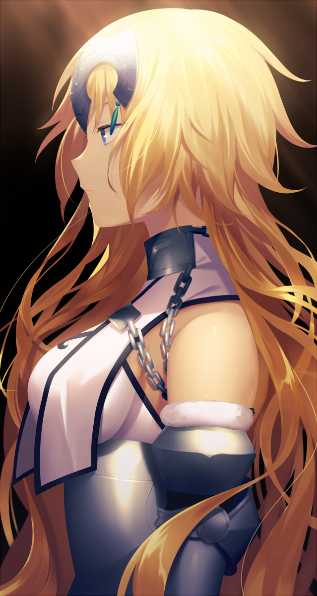 1girl armor bare_shoulders blonde_hair blue_eyes breasts chains closed_mouth coconome eyebrows_visible_through_hair fate_(series) from_side headpiece highres jeanne_d'arc_(fate)_(all) large_breasts long_hair profile solo upper_body very_long_hair