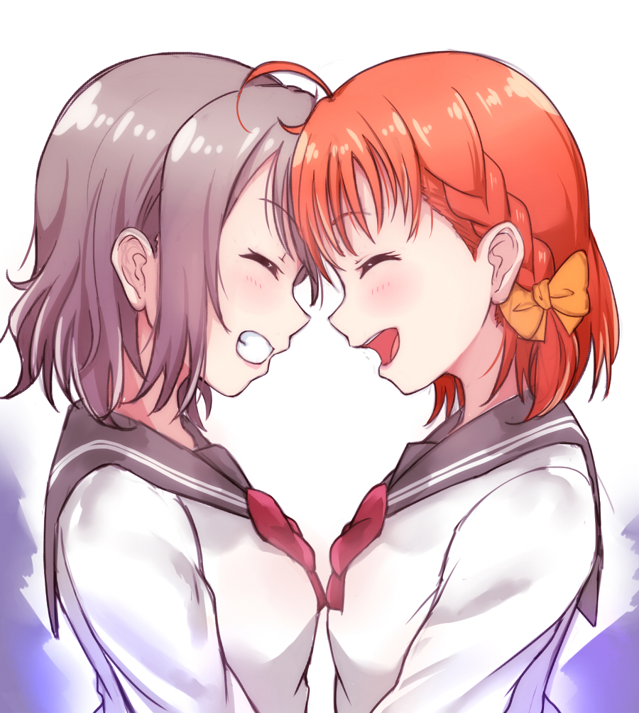 2girls ^_^ ahoge bangs bow bowtie braid closed_eyes forehead-to-forehead grey_hair grin hair_bow kanabun love_live! love_live!_sunshine!! multiple_girls open_mouth orange_hair red_neckwear school_uniform serafuku short_hair side_braid smile takami_chika upper_body watanabe_you yellow_bow