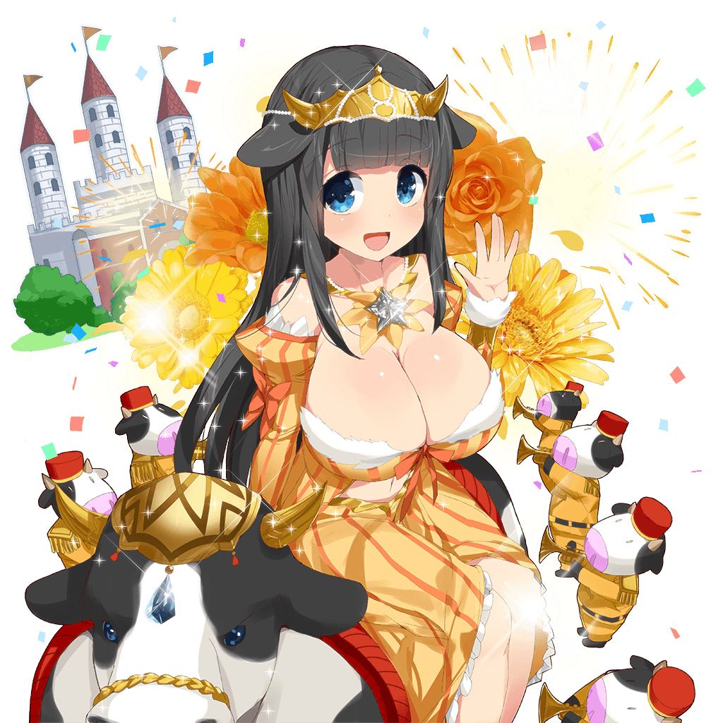 bangs black_hair blue_eyes blunt_bangs breasts castle cleavage confetti cow detached_sleeves dress eyebrows_visible_through_hair fireworks flower hair_flaps headdress kusaka_souji large_breasts long_hair looking_at_viewer miru_holstein official_art open_mouth riding sparkle striped transparent_background uchi_no_hime-sama_ga_ichiban_kawaii vertical-striped_dress vertical_stripes