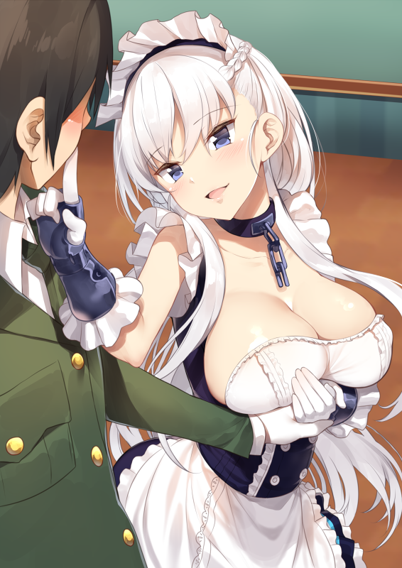 1boy 1girl apron azur_lane bangs belfast_(azur_lane) blue_dress blue_eyes blush braid breast_hold breasts broken broken_chain brown_hair buttons chains cleavage collarbone commentary_request corset dress eye_contact eyebrows_visible_through_hair finger_to_mouth frilled_apron frilled_gloves frills gloves green_neckwear hand_holding hand_up head_tilt indoors large_breasts long_hair looking_at_another maid maid_apron maid_headdress necktie open_mouth sleeveless sleeveless_dress standing very_long_hair white_apron yappen
